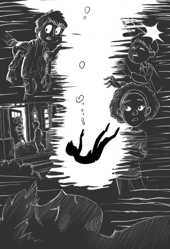 A boy sinks into water, surrounded by dark memories