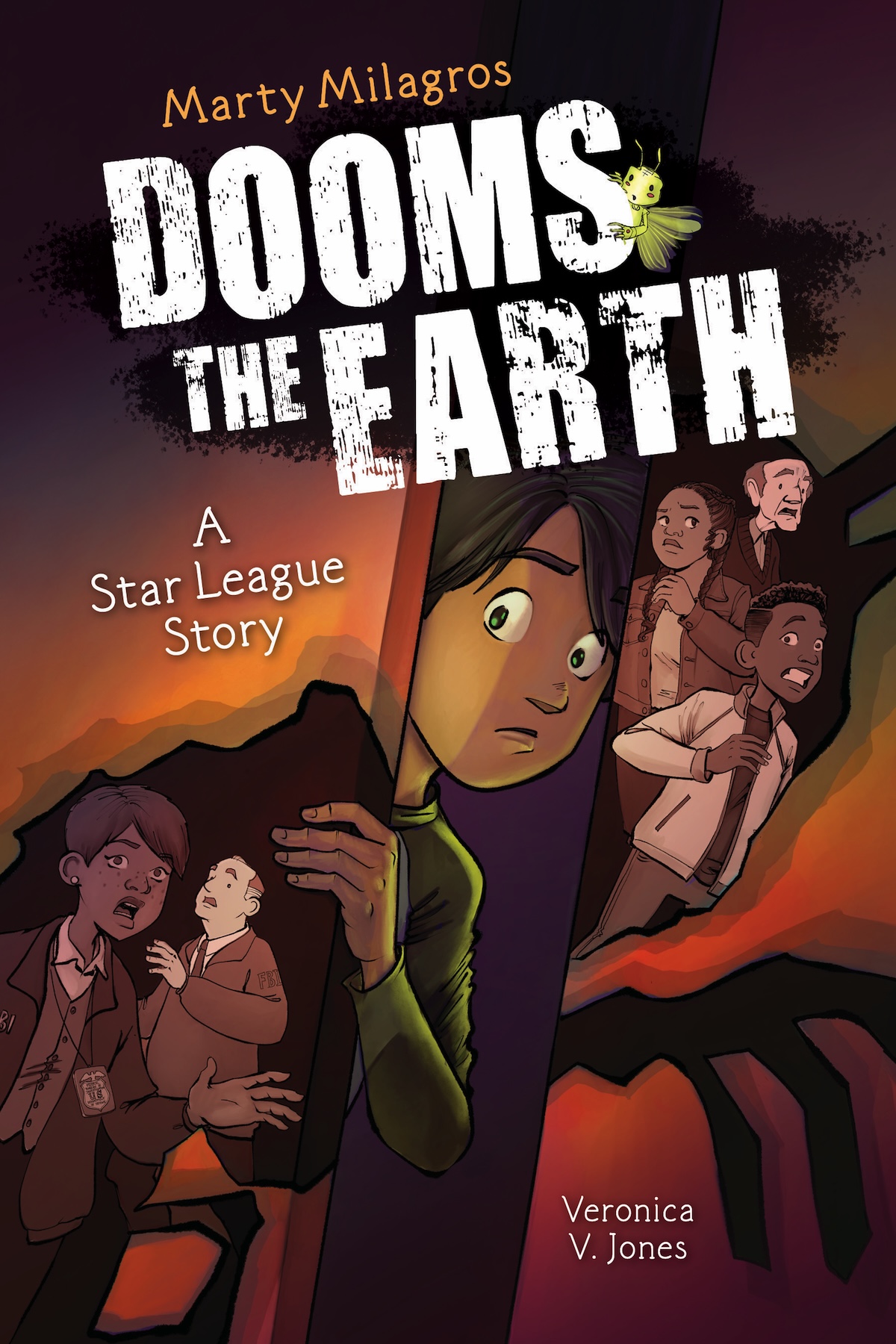 Cover for the comic book, MARTY MILAGROS DOOMS THE EARTH, featuring Marty, a 12 year old Latino, peeking nervusly out from behind a door while a looming figure approaches.